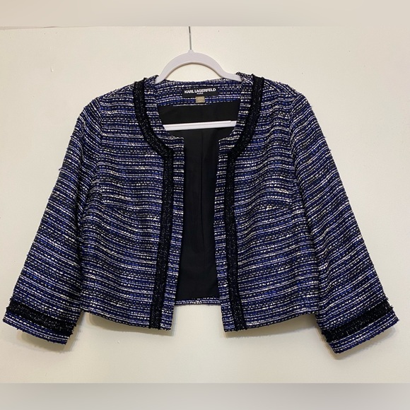 Karl Lagerfeld Jackets & Blazers - Karl Lagerfeld Navy Tweed Cropped Jacket with Black Trim